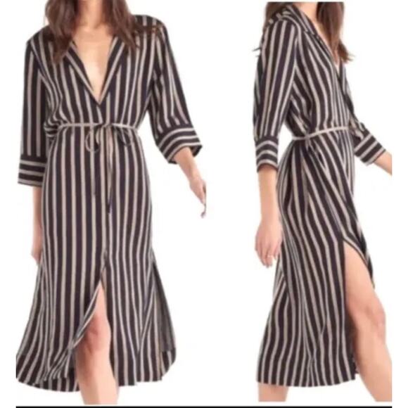 NWT 7 For All Mankind Button‎ Front Shirt Dress, Black Striped Midi Small Belted - Picture 1 of 6